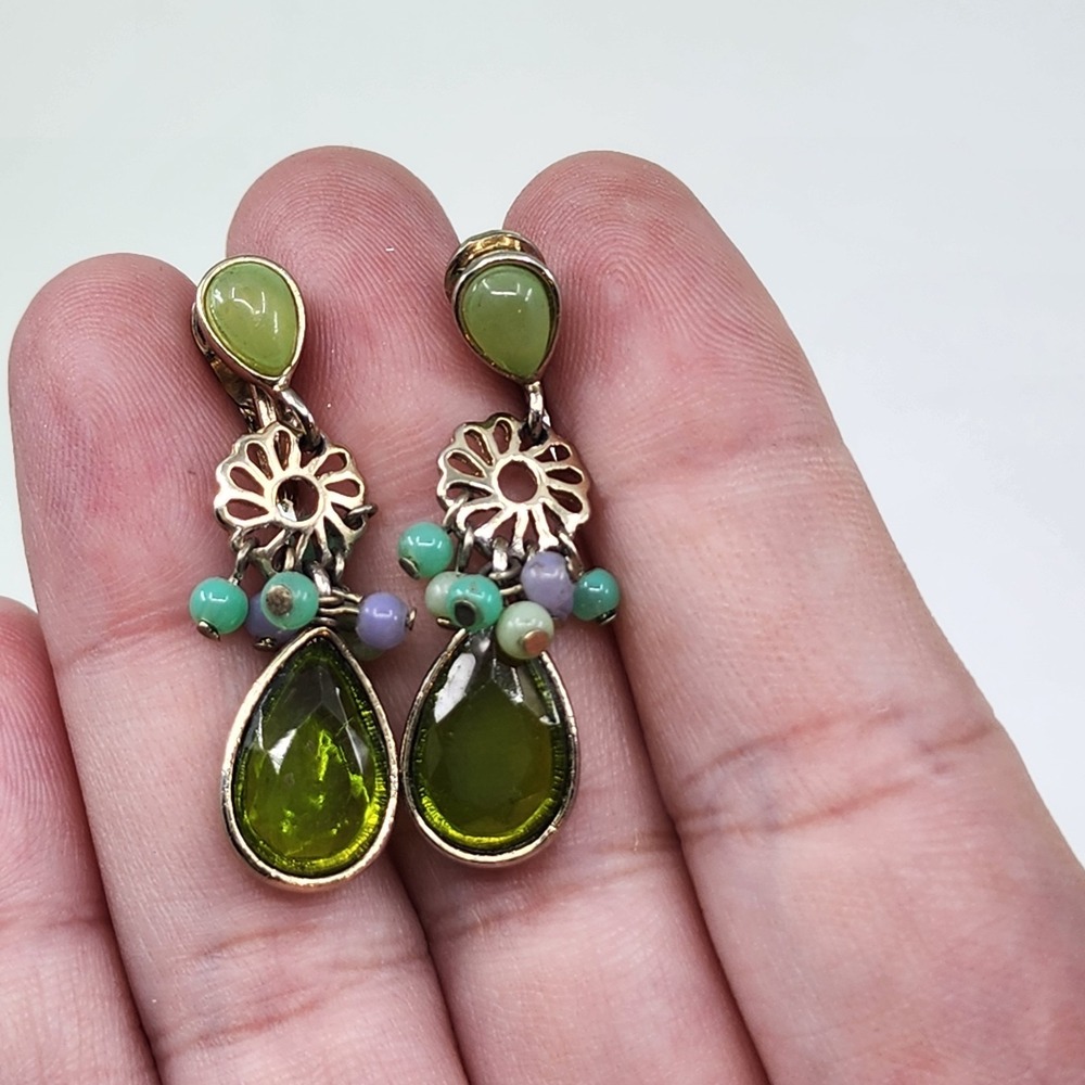 Monet Vintage Green Glass Teardrop Bead Floral Clip-On Earrings Boho Statement